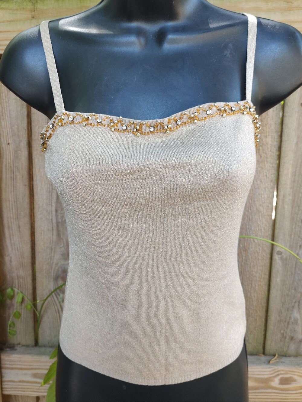 🏵️ Caché VTG Silk Blend Lightweight Knit Metallic Beaded Glam Gold Knit Tank